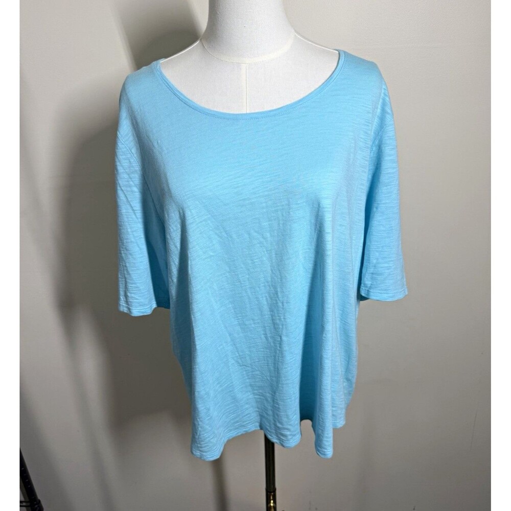 Chico's Womens Knit Top Size 3 Blue Solid Scoop Neck Short Sleeve Relaxed 355